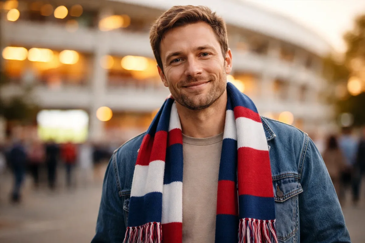 Tifoso sorridente con sciarpa della squadra del cuore