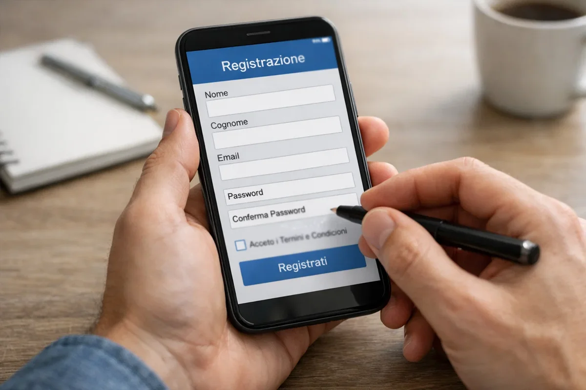 Persona che compila un modulo di registrazione su smartphone