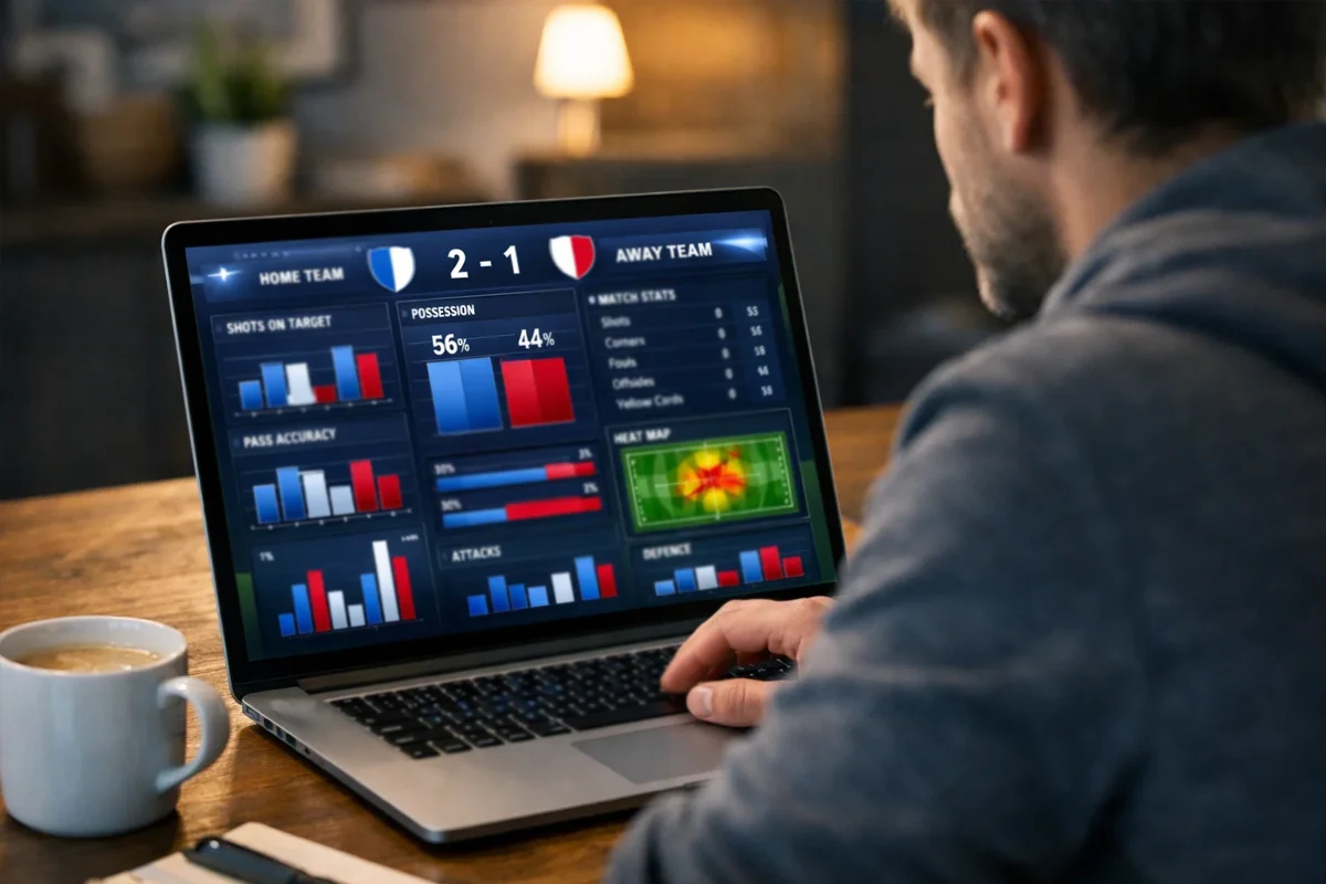 Persona che analizza statistiche di calcio su laptop