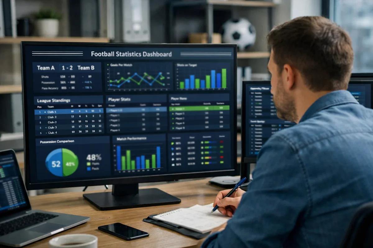 Analista sportivo che studia statistiche su monitor