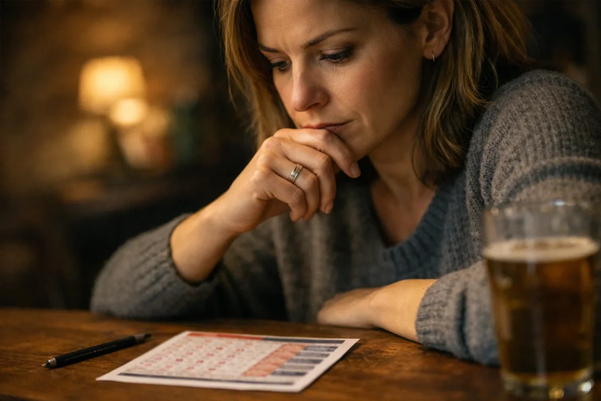 Persona pensierosa davanti a schedina di scommesse
