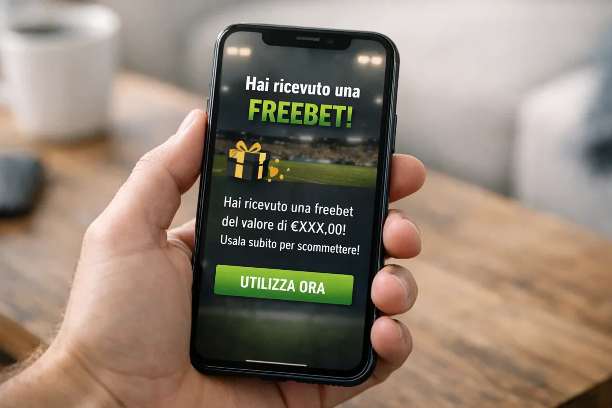 Smartphone con app di scommesse e notifica freebet