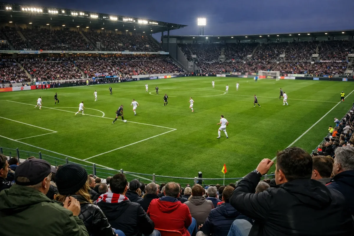 Partita di calcio in corso vista dalla tribuna dello stadio
