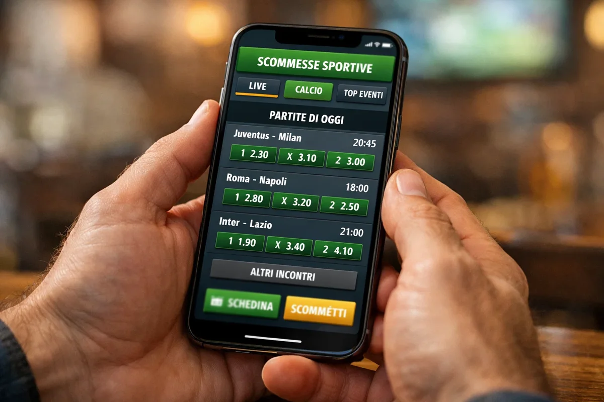 Mani che tengono uno smartphone con app di scommesse sportive