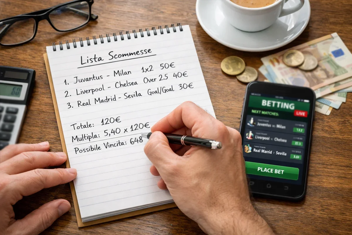 Persona che pianifica scommesse su blocco note