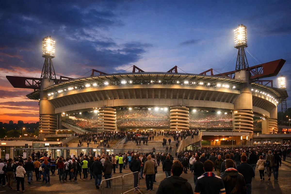 Stadio di calcio italiano illuminato durante partita serale