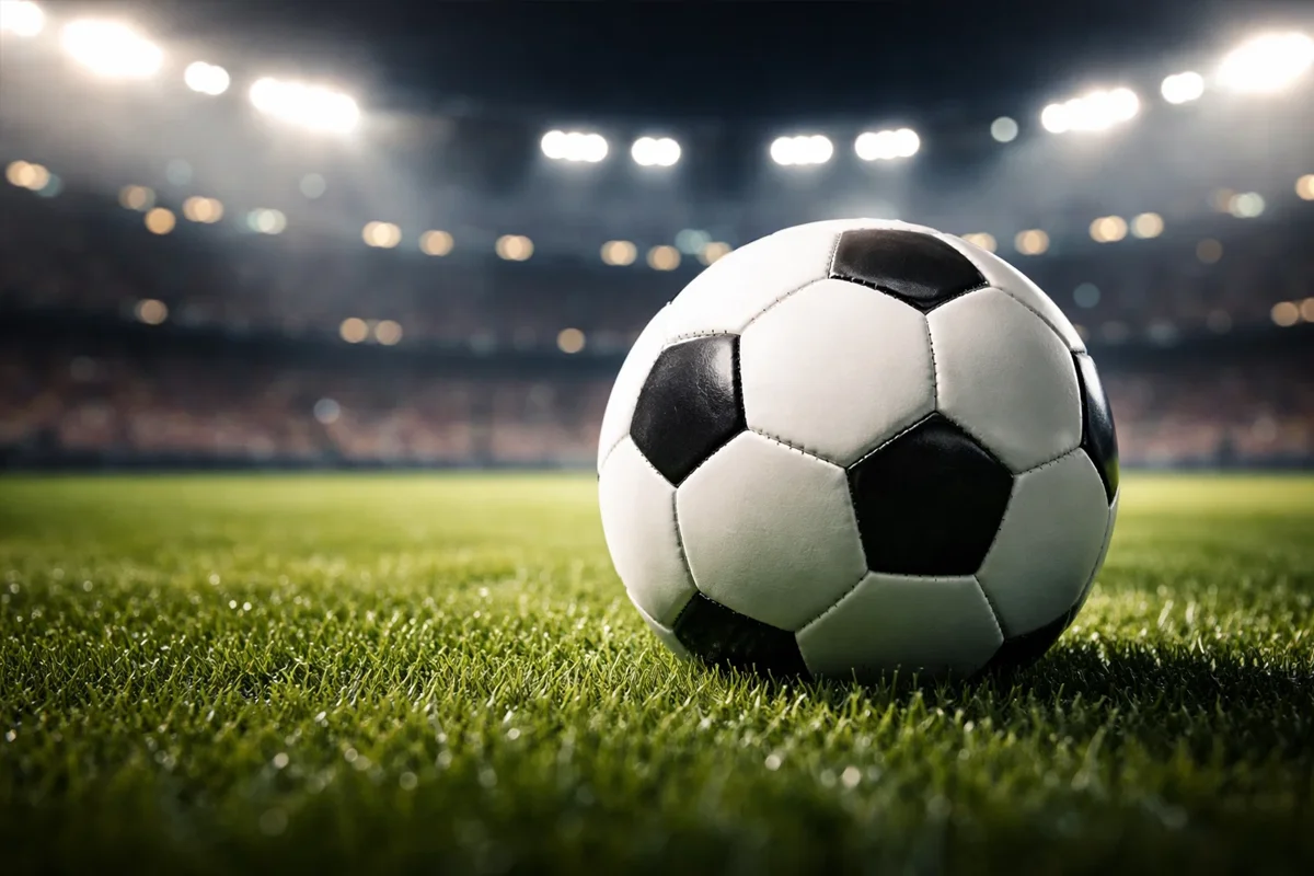 Pallone da calcio su campo verde con luci dello stadio