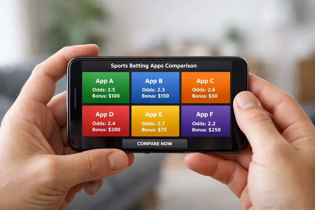 Mani che tengono smartphone con loghi di operatori scommesse italiani sullo schermo