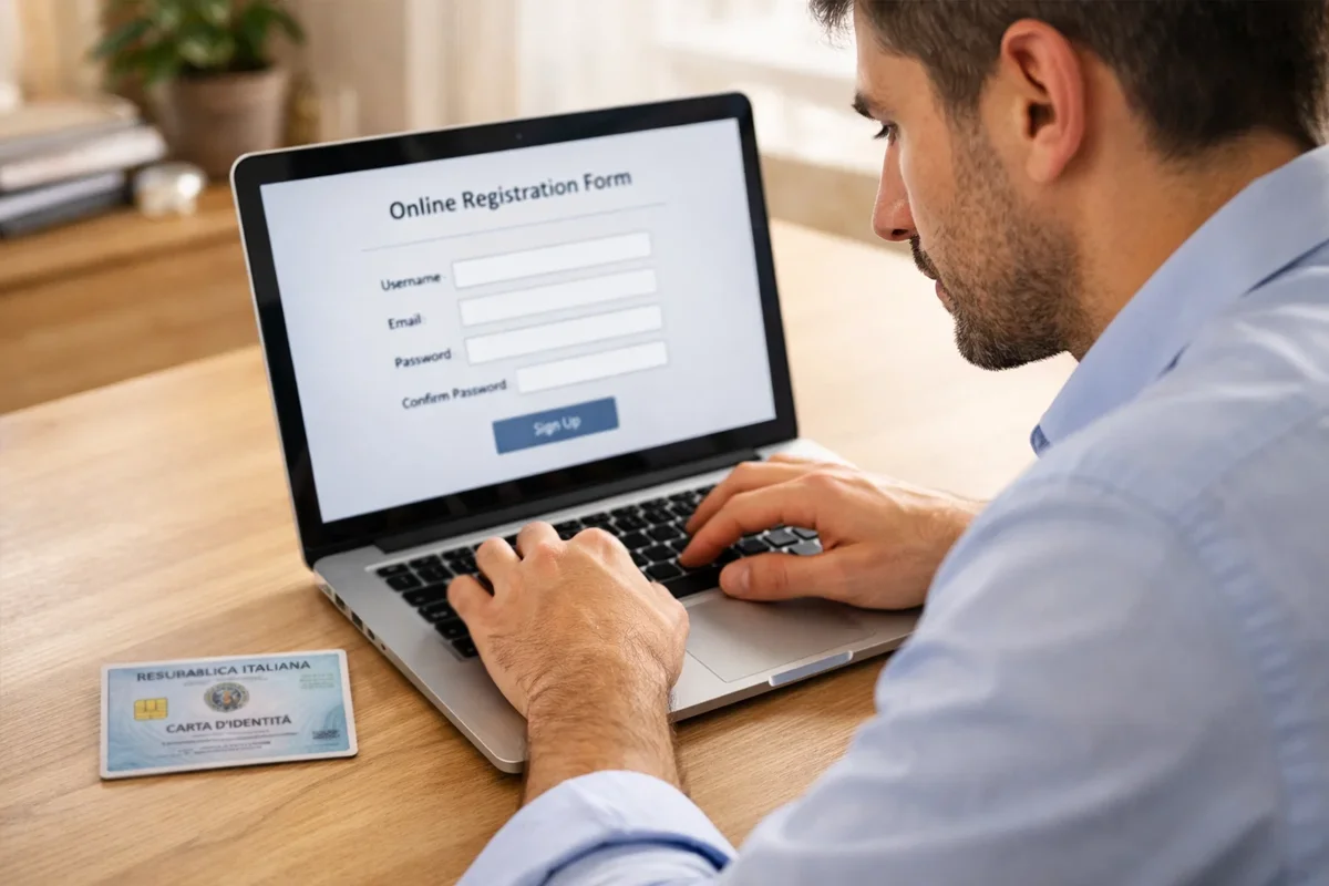 Persona compila modulo di registrazione su laptop con documento identità accanto